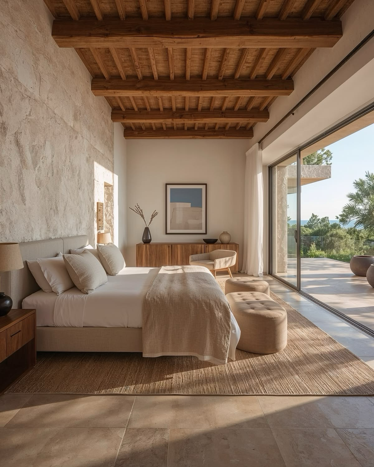 Sea-view bedroom with wooden beam ceiling
