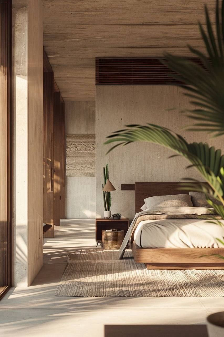 Sunlit bedroom with cactus and woven textiles