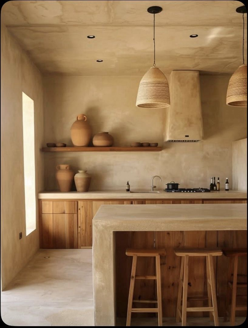 Open kitchen with terracotta vessels and pendant lights