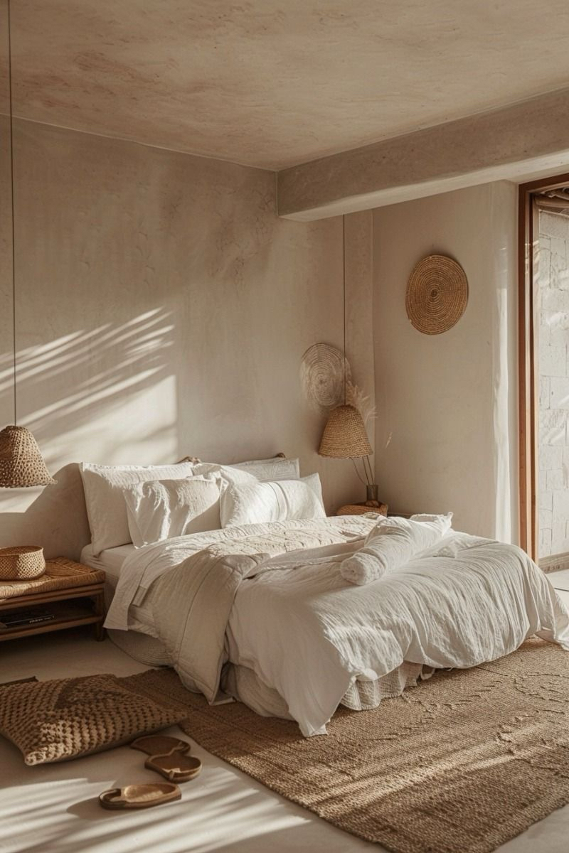 Linen-draped bedroom with woven wall hangings